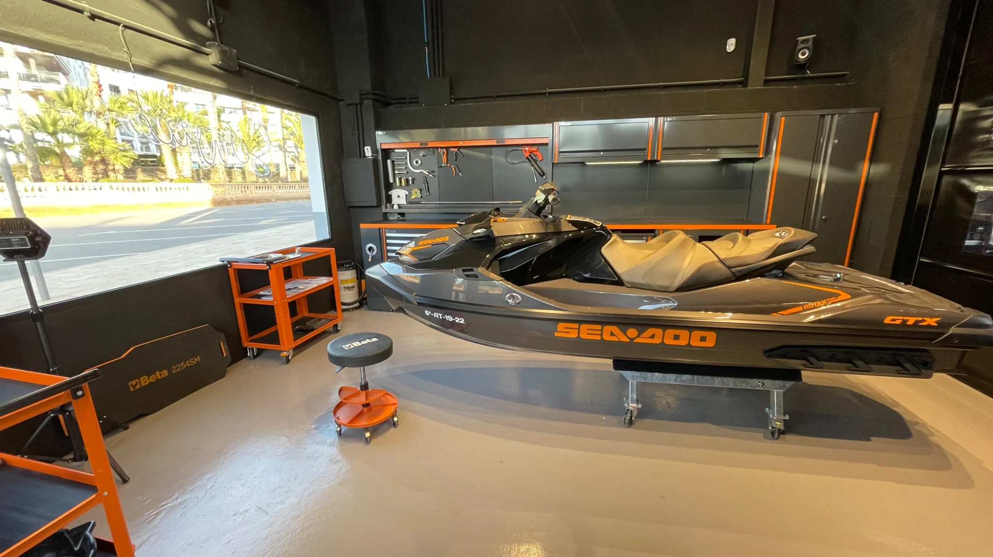 Sea-Doo GTX jet ski being serviced in professional workshop at jetski.club Ibiza