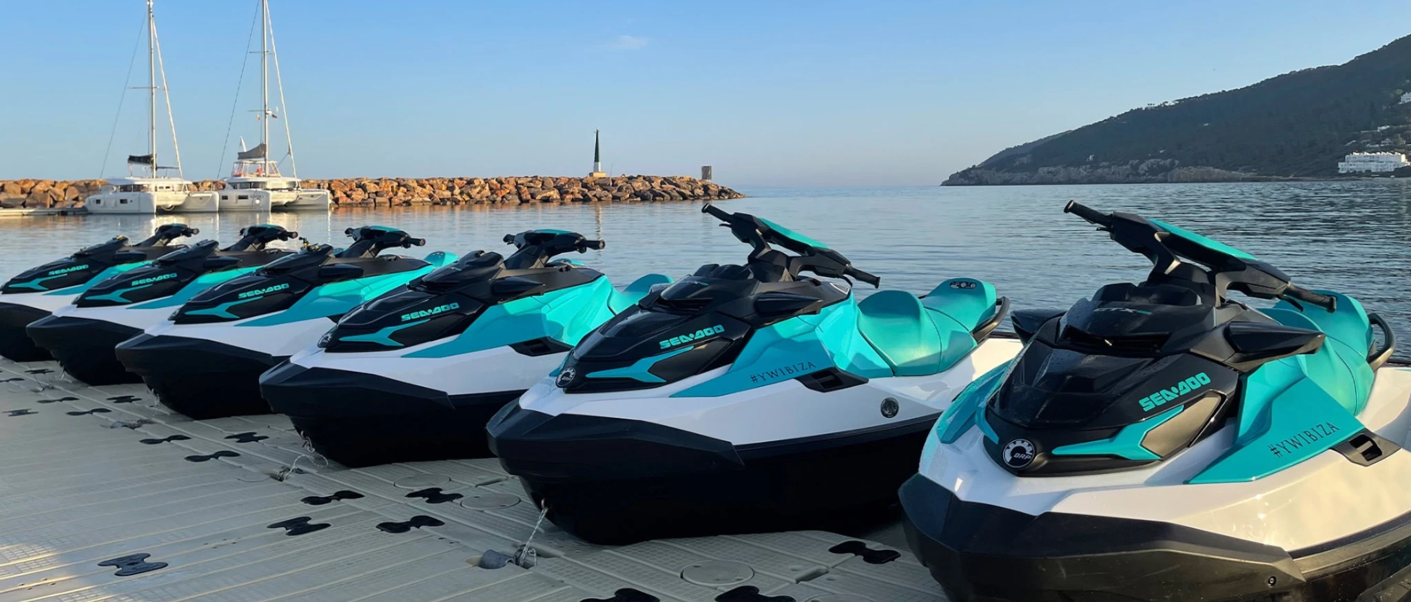 Sea-Doo jet skis at jetski.club Ibiza jet ski center platform in Santa Eulalia Marina, premium license-free jet ski tours in Ibiza<br />
