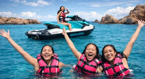 Group of girls swimming in Cala Llonga during a jet ski tour with jetski.club Ibiza