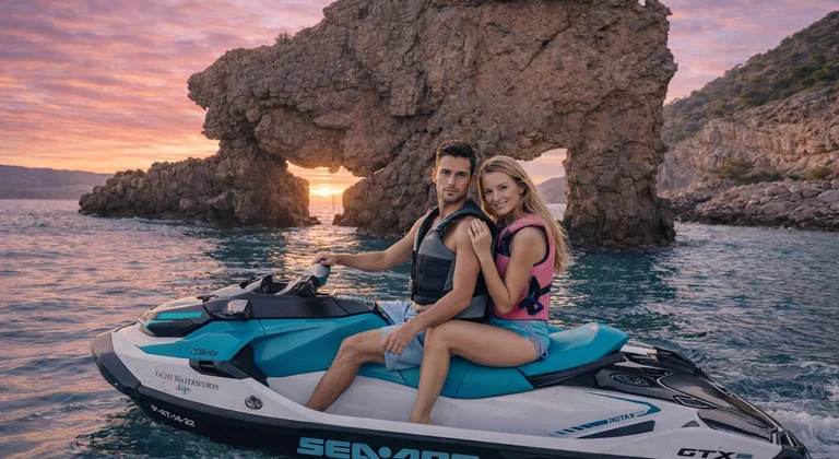 jetski-tour-ibiza-cala-dhort-sunset-768x420 Jet ski tour in Ibiza near Cala d’Hort at sunset with couple riding Sea-Doo jet ski