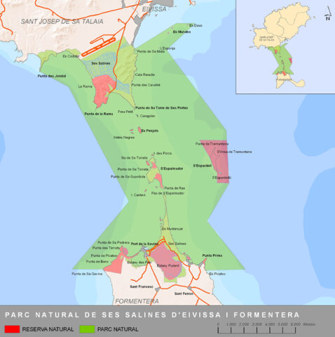 Map showing the restricted jet ski navigation zones inside the Natural Park of Ibiza and Formentera, highlighting areas where riding jet skis is not allowed. 