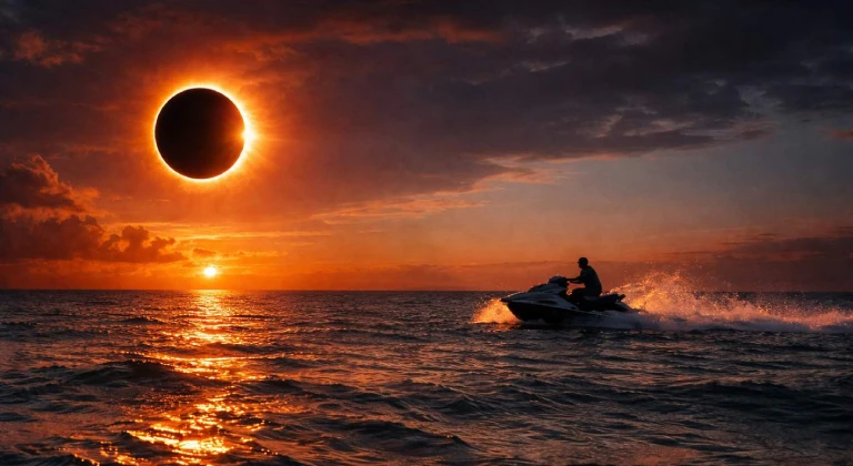 solar-eclipse-jet-ski-tour-ibiza Jet ski riding at sunset during a solar eclipse over the Mediterranean Sea in Ibiza