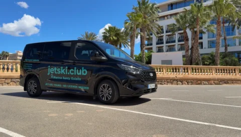 Jet ski Ibiza free transfer van service picking up clients for jet ski tours in Santa Eulalia