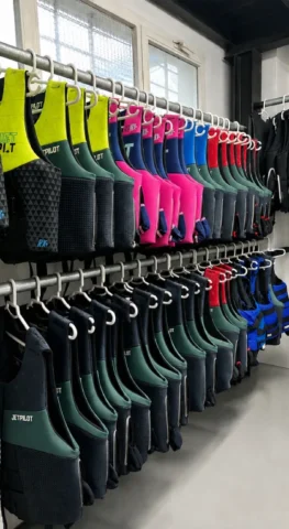 Life jacket storage and cleaning room at Jetski Club Ibiza facilities in Marina Santa Eulalia.
